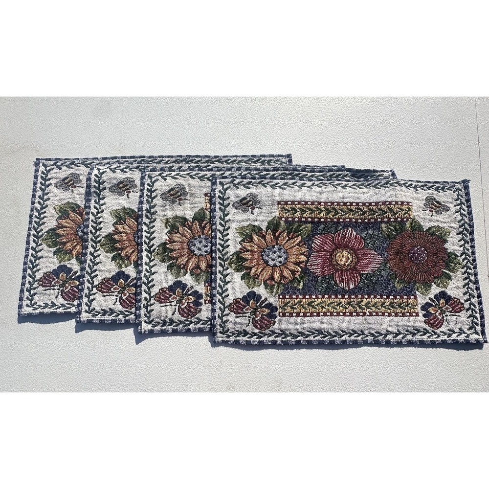 Set Of 4 Tapestry Placemats Bees Sunflowers Butterflies County Cottage Farmhouse